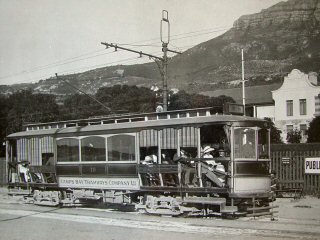 A Camps Bay tram in front of the Rotunda about 1910.